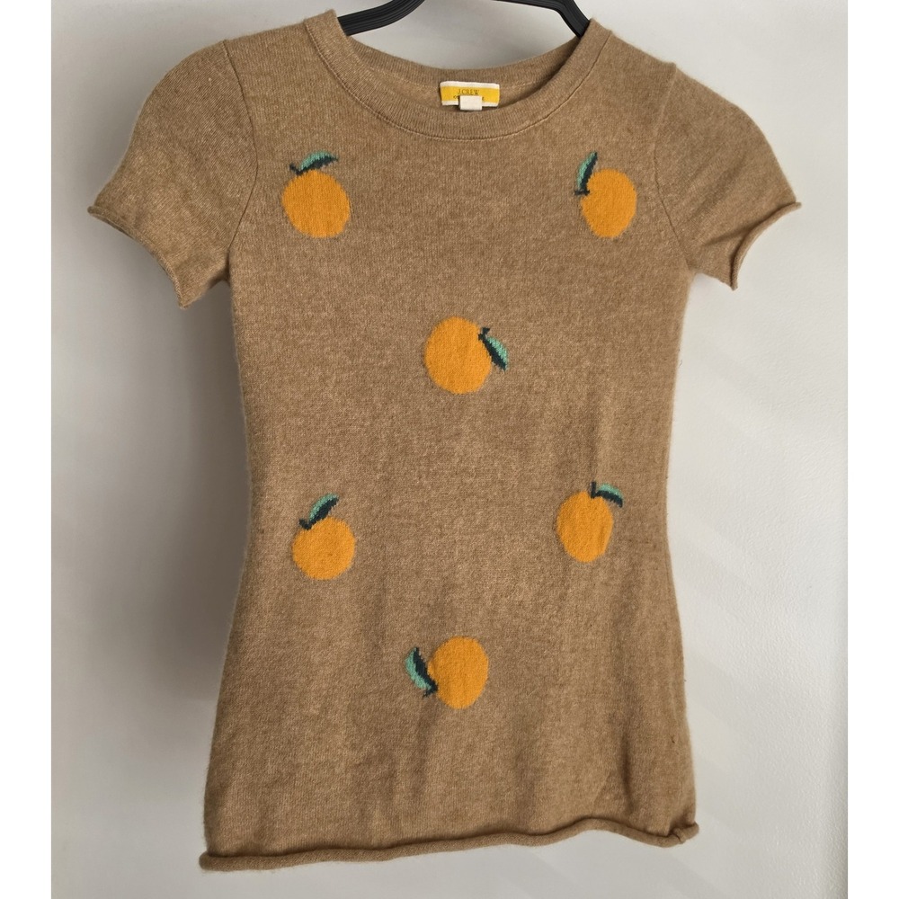 J.Crew 100% Cashmere Sweater XXS Short Sleeve Tan Orange Green Fruit Pullover